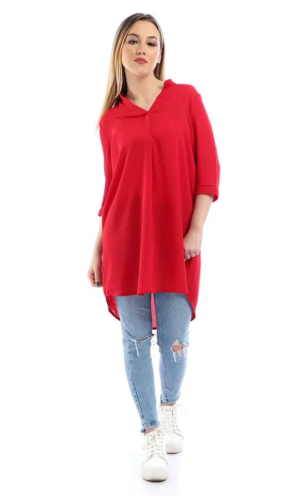 53329 3/4 Sleeves V-Neck Slip On Red Chiffon Tunic Top