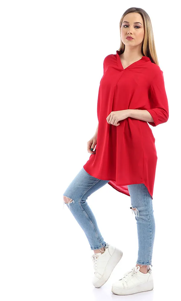 53329 3/4 Sleeves V-Neck Slip On Red Chiffon Tunic Top