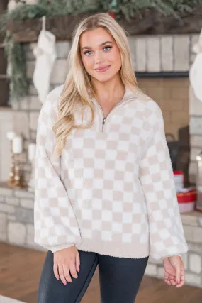 All Cozied Up Beige Fuzzy Checkered Quarter Zip Pullover FINAL SALE