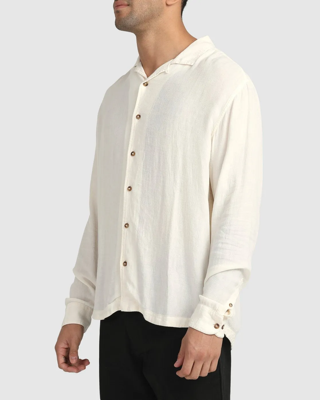 Beat Long Sleeve Button-Down Shirt - Natural