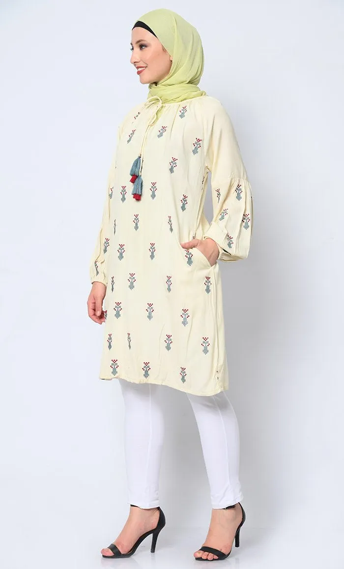 Beautiful Motifs Embroidered Cream Tunic with Pockets