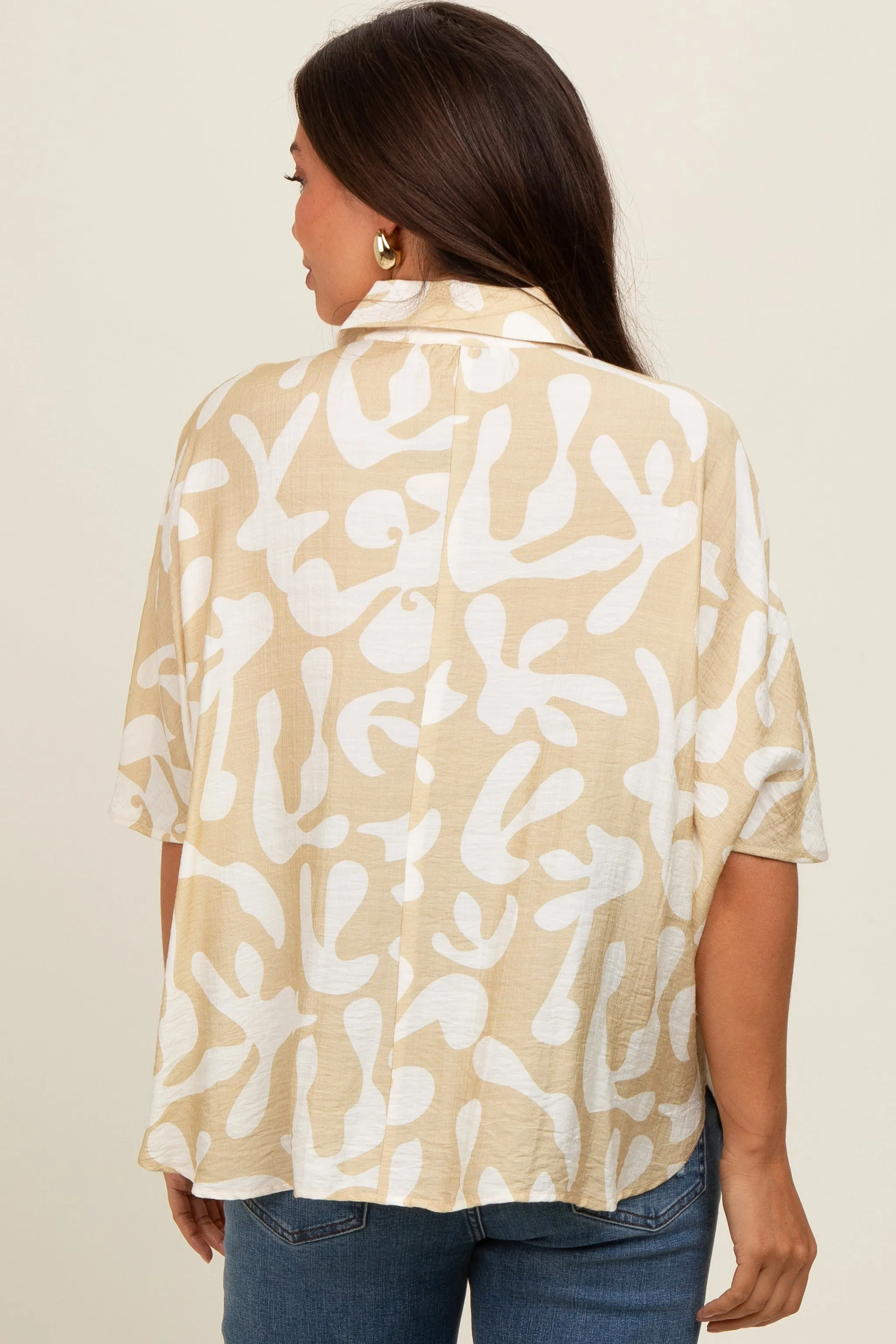 Beige Abstract Leaf Button Down Maternity Shirt