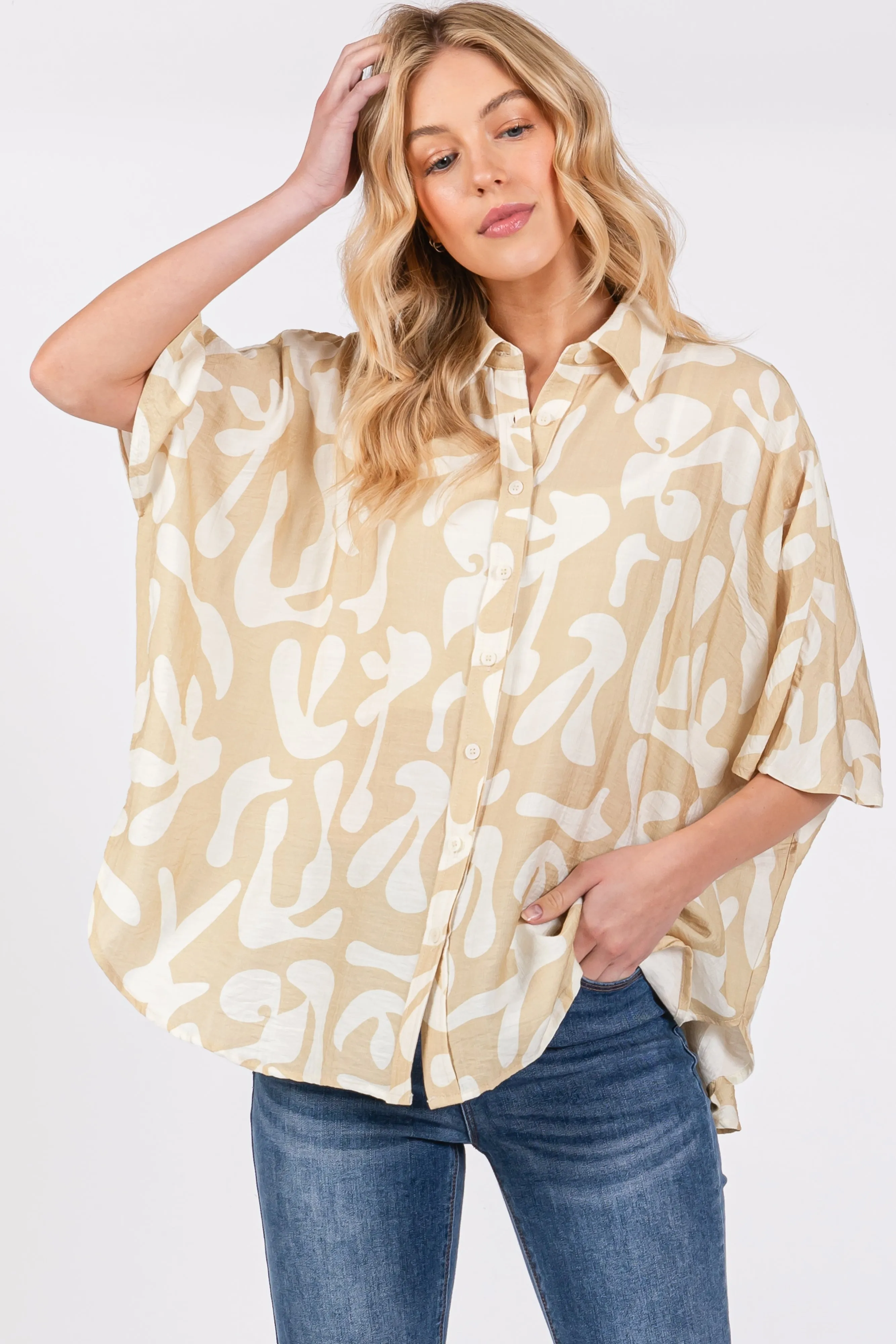 Beige Abstract Leaf Button Down Maternity Shirt