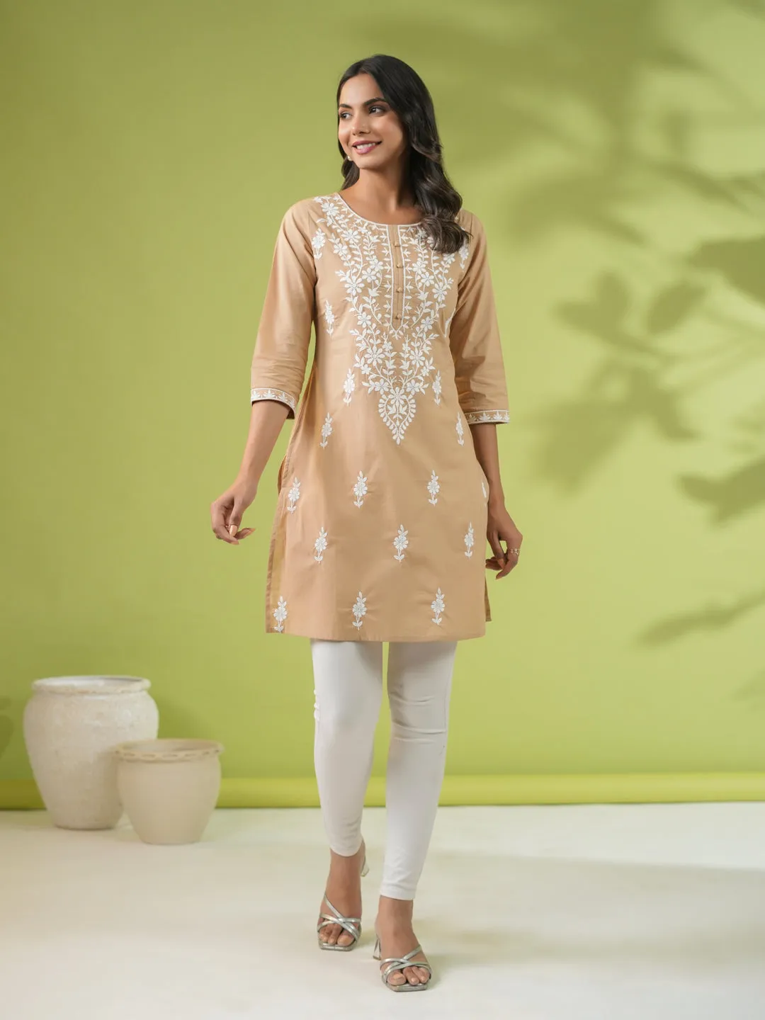 Beige Cotton Chikankari Tunic