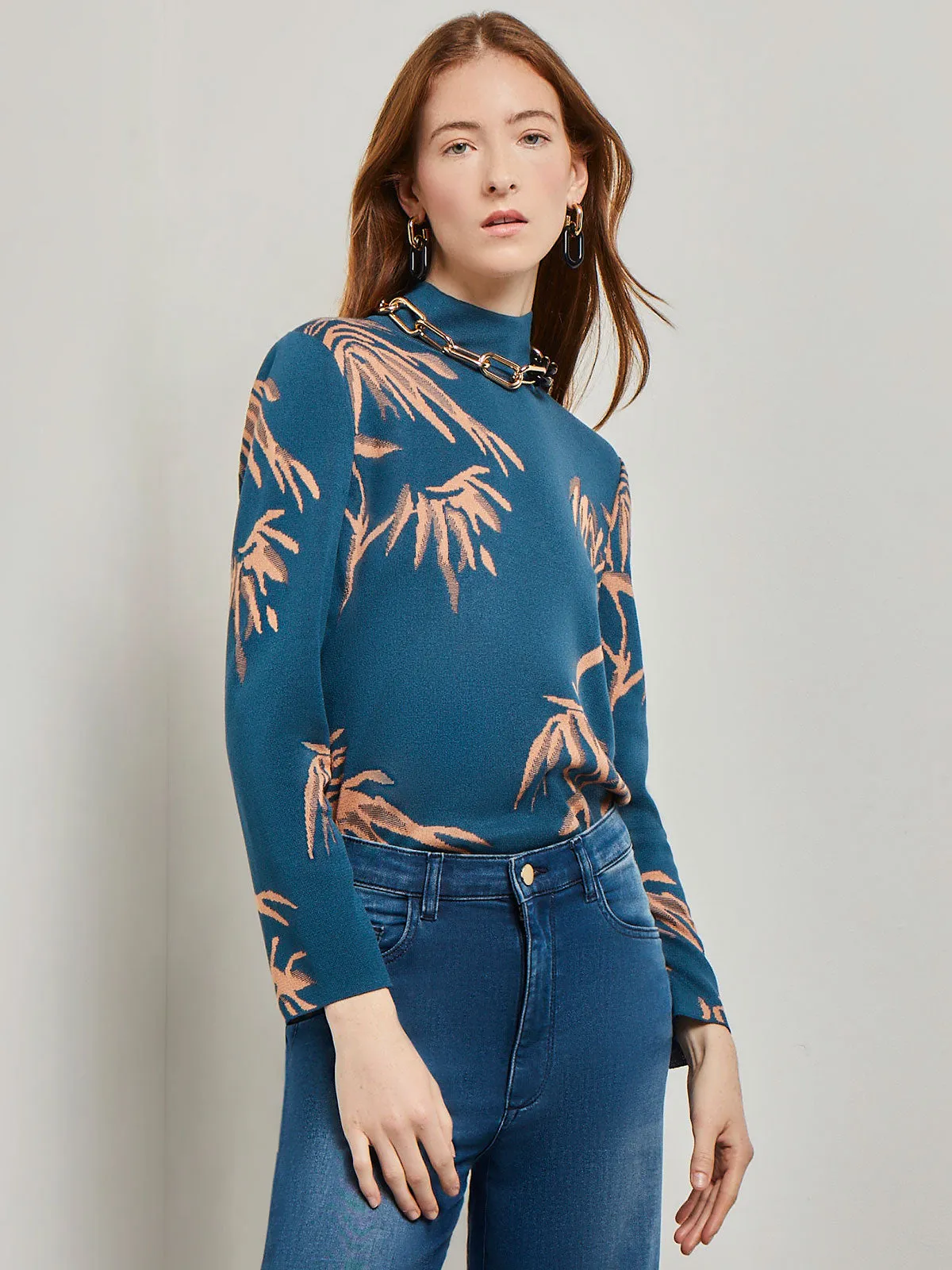 Botanical Print Mock Neck Jacquard Knit Tunic