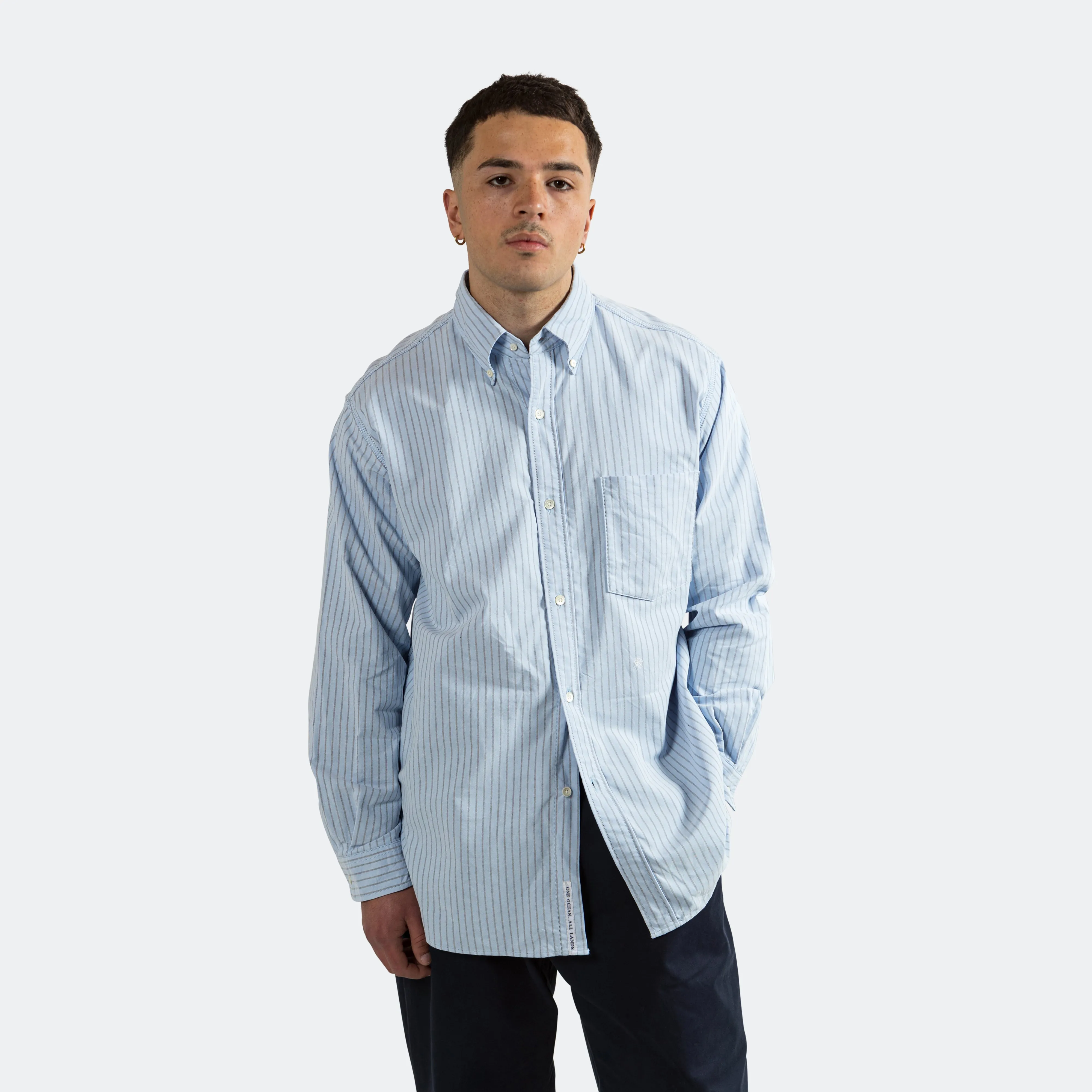 Button Down Stripe Wind Shirt - Sax