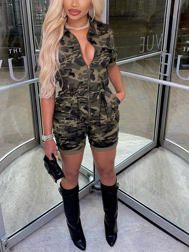 Camo Zipper Front Romper