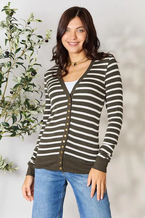 Dark Olive/Ivory Striped Snap Down Cardigan