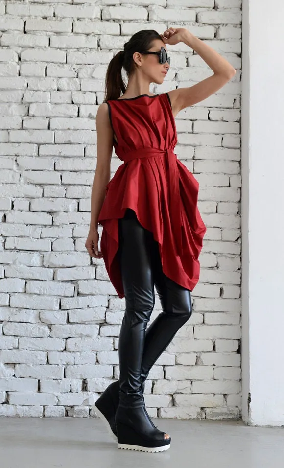 Draped Tunic With Removable Belt In Red