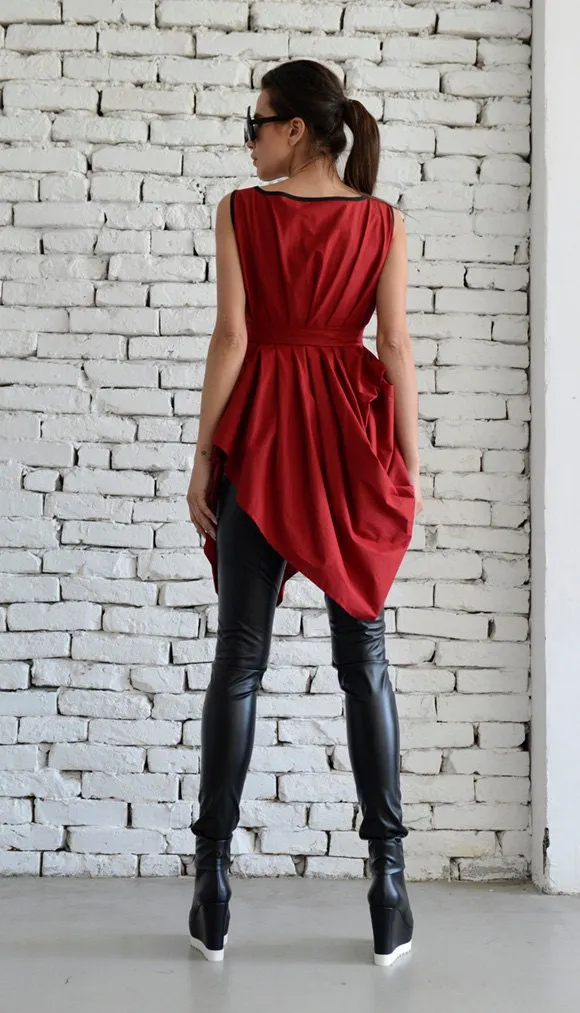 Draped Tunic With Removable Belt In Red