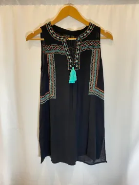 EMBROIDERED SLEEVELESS TUNIC WITH TASSEL TIES