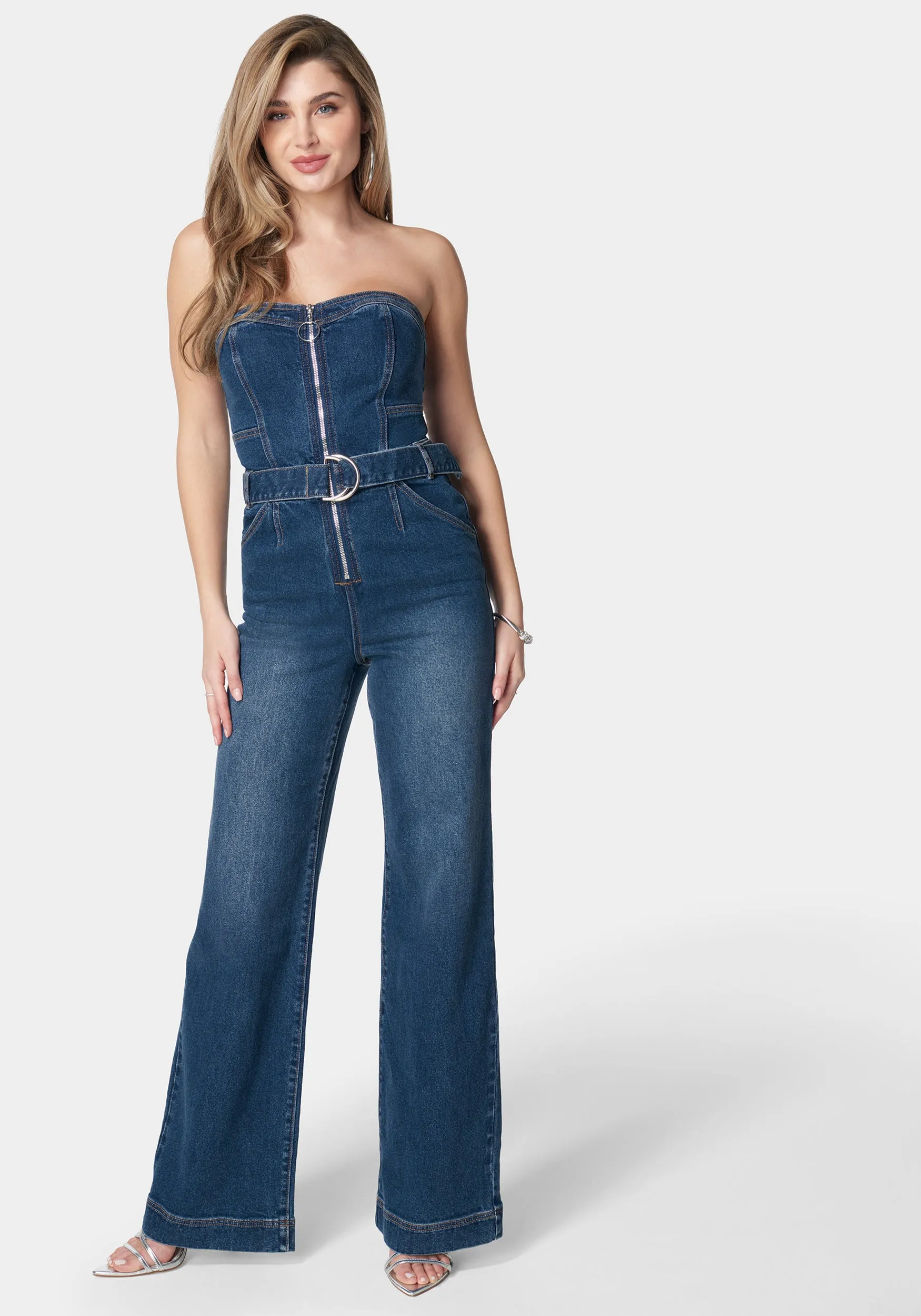 Front Zipper Wide Leg Denim Jumpsuit