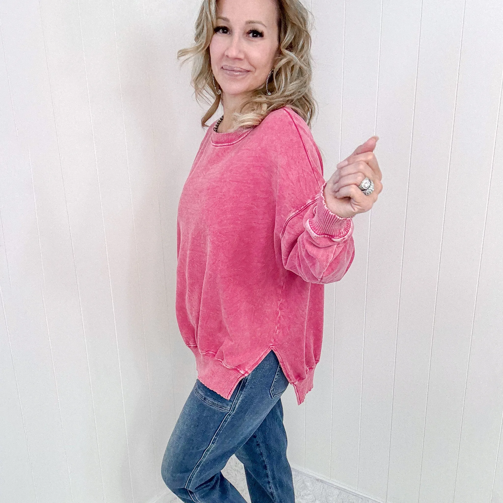 Fuchsia Washed Pullover Top with Side Slits