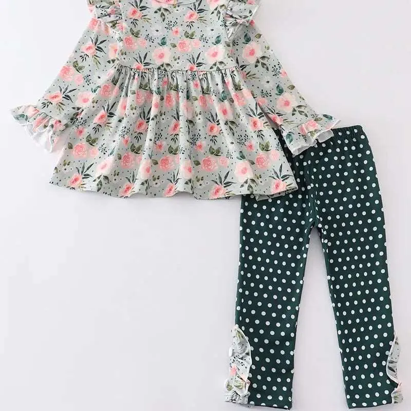 Honeydew Green Floral & Dot Tunic and Pant Set