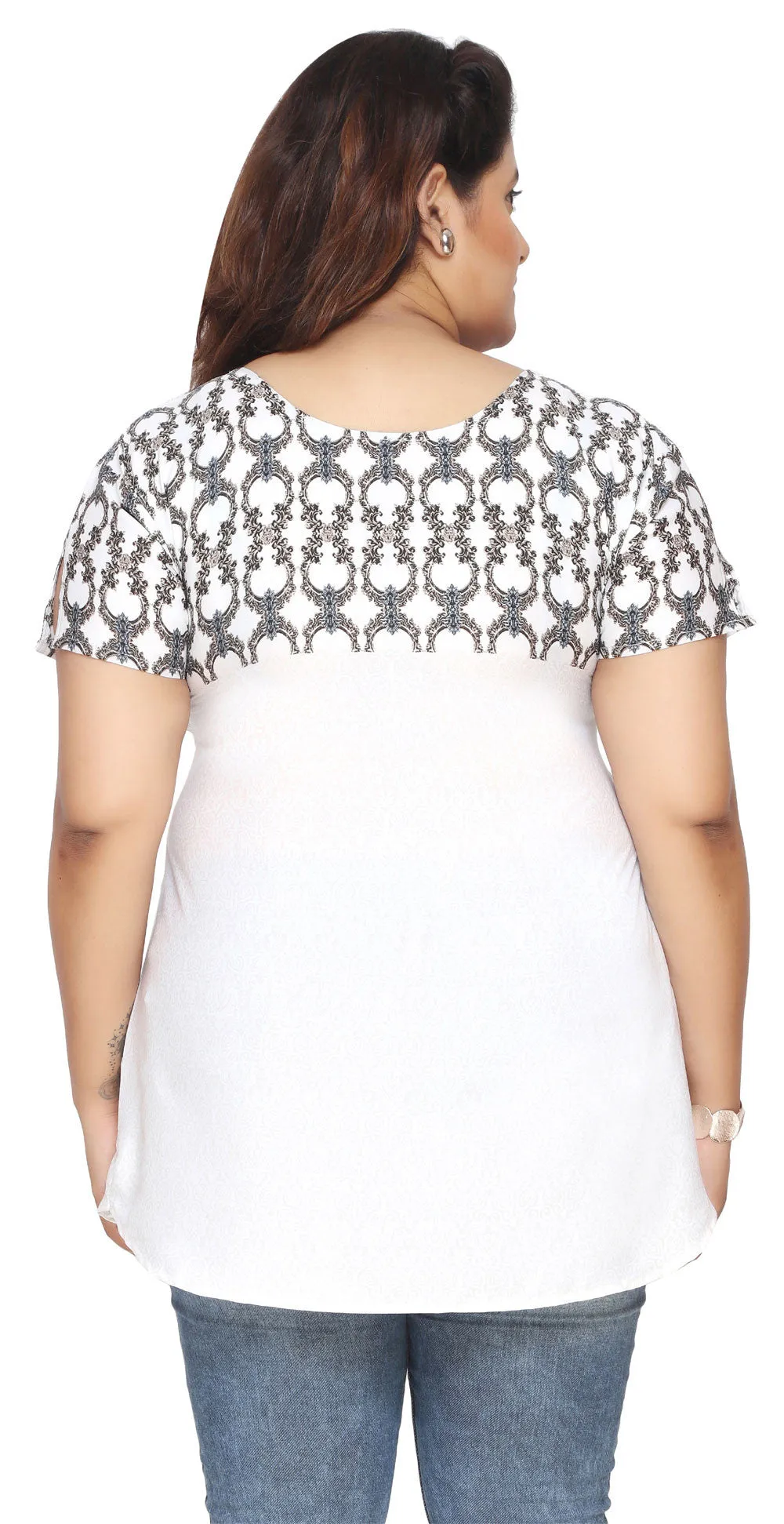 India Tunic Top Kurti Womens Printed Plus Size Indian Clothes (White-Grey)