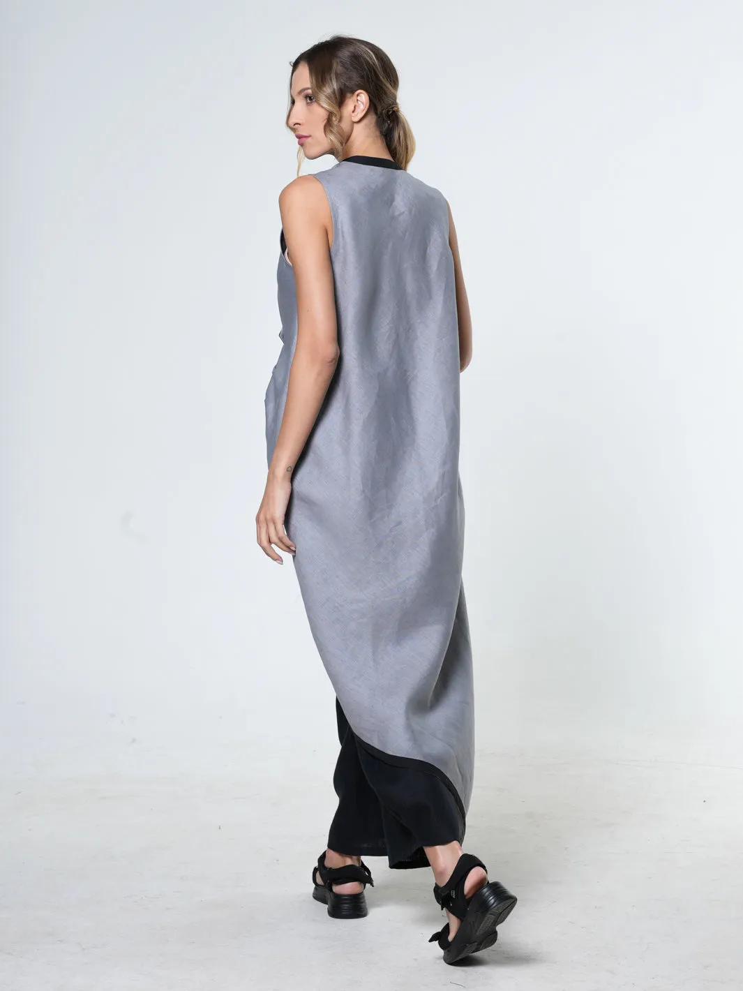 Long Linen Tunic Top In Gray