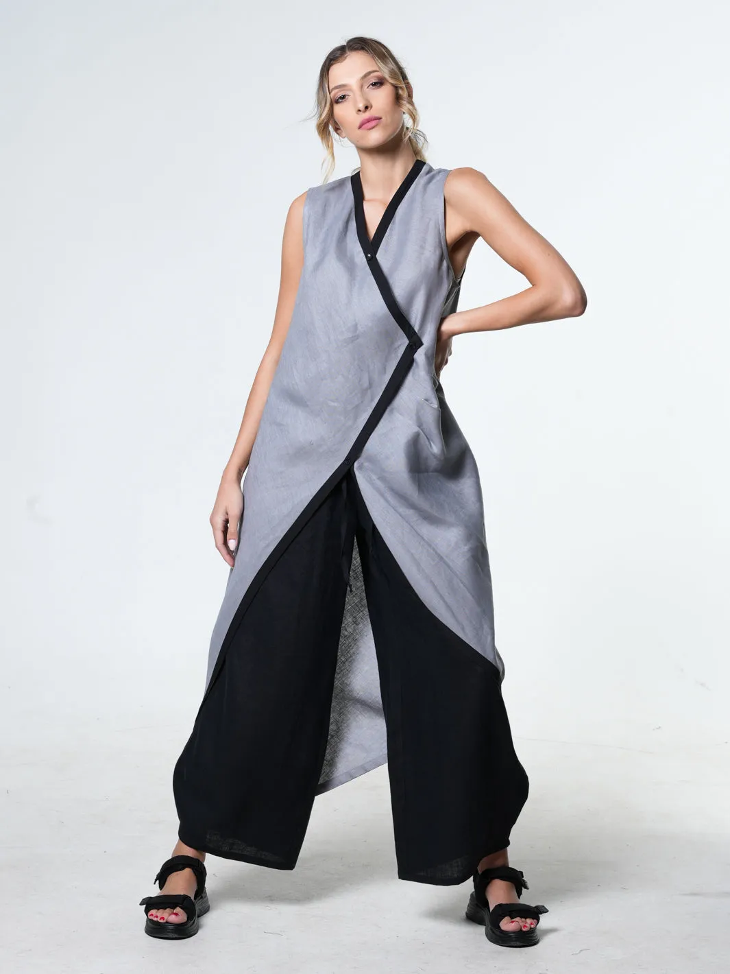 Long Linen Tunic Top In Gray