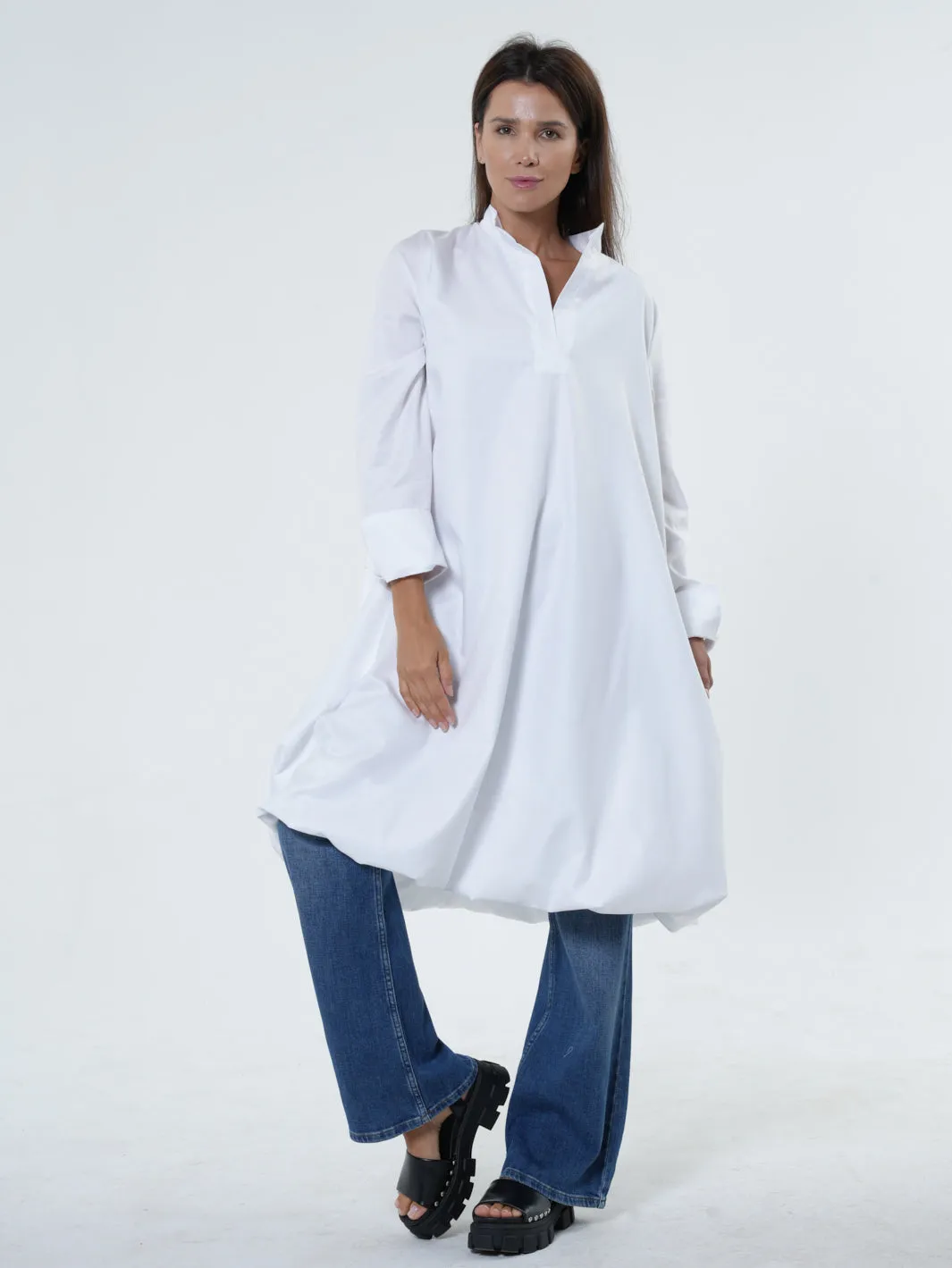 Long Sleeve Tunic Dress In White