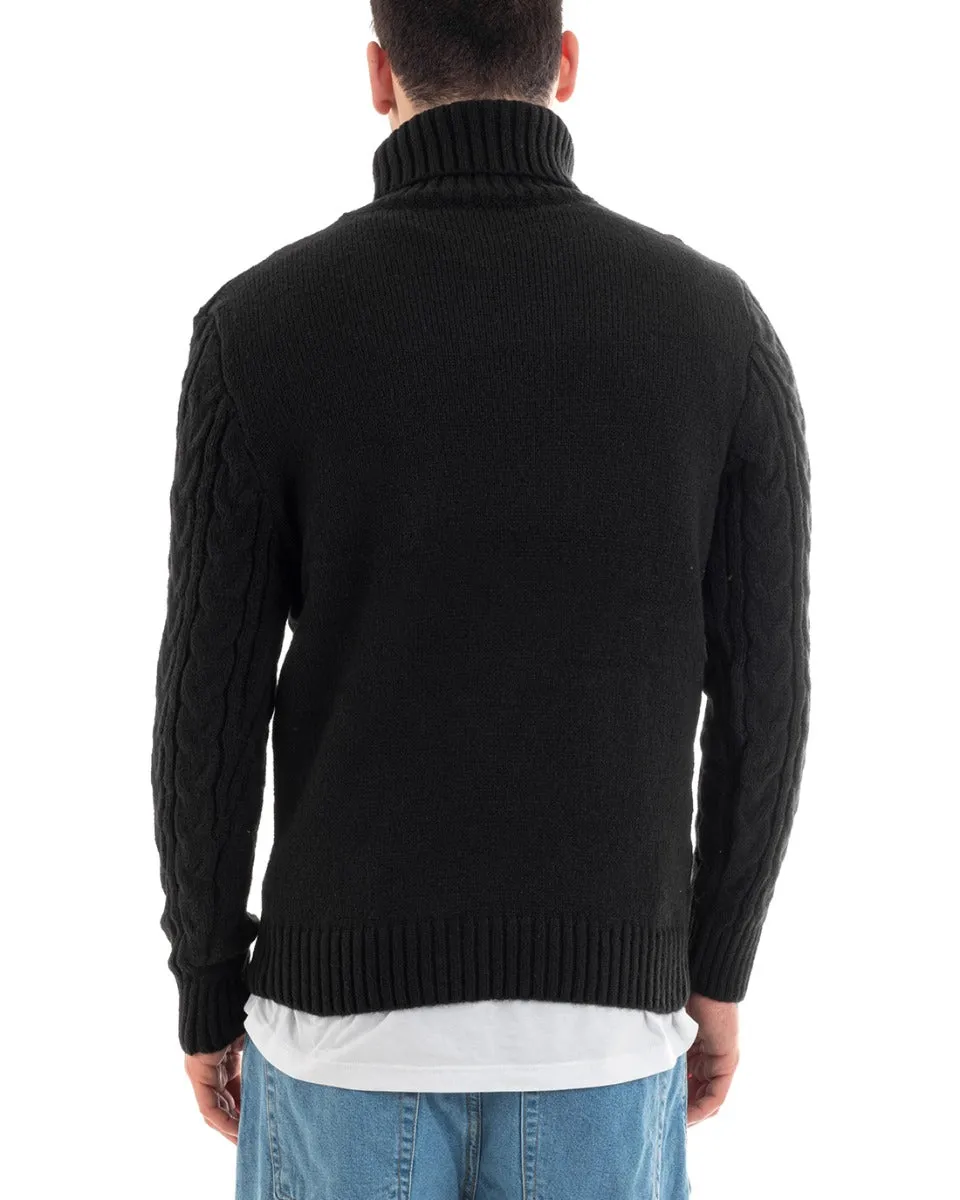 Maglioncino Uomo Maglione Collo Alto Trecce Tinta Unita Nero Dolcevita Casual GIOSAL-M2644A