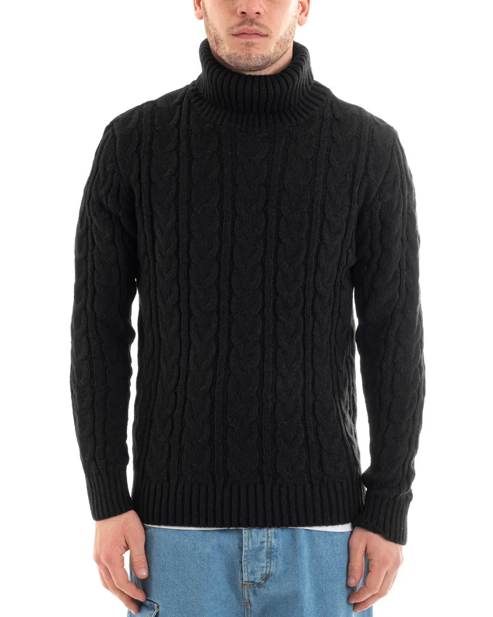 Maglioncino Uomo Maglione Collo Alto Trecce Tinta Unita Nero Dolcevita Casual GIOSAL-M2644A