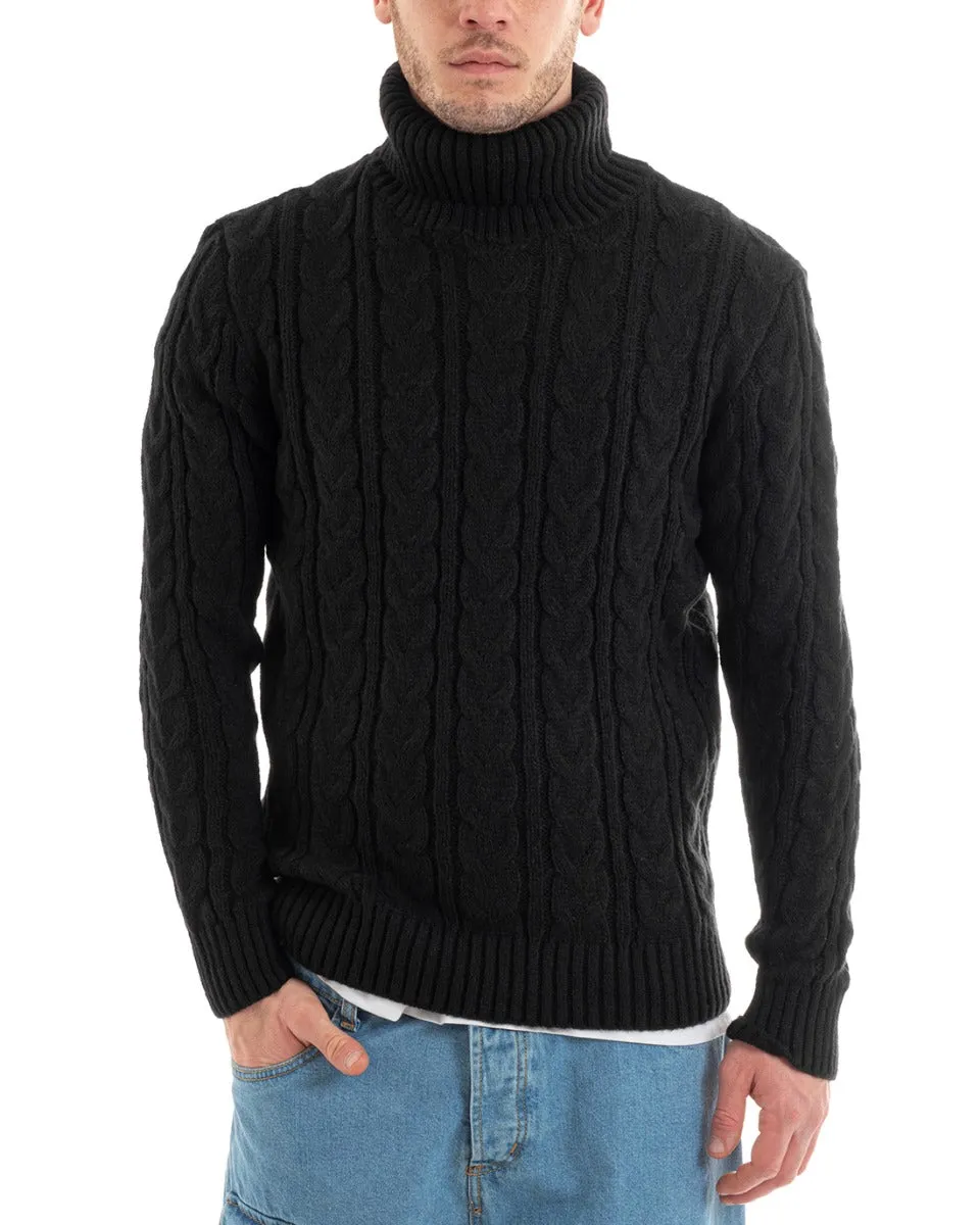 Maglioncino Uomo Maglione Collo Alto Trecce Tinta Unita Nero Dolcevita Casual GIOSAL-M2644A