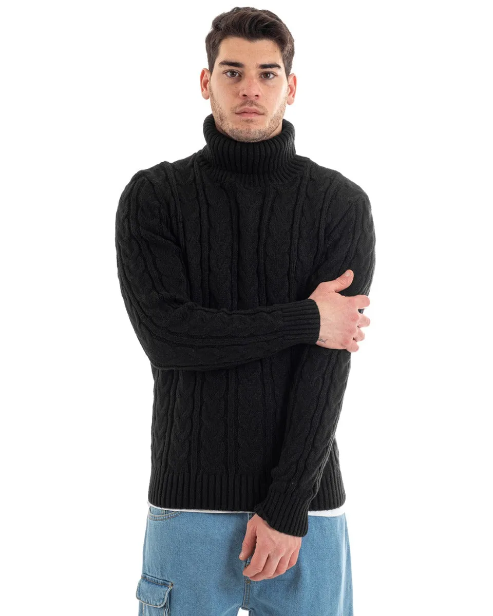 Maglioncino Uomo Maglione Collo Alto Trecce Tinta Unita Nero Dolcevita Casual GIOSAL-M2644A