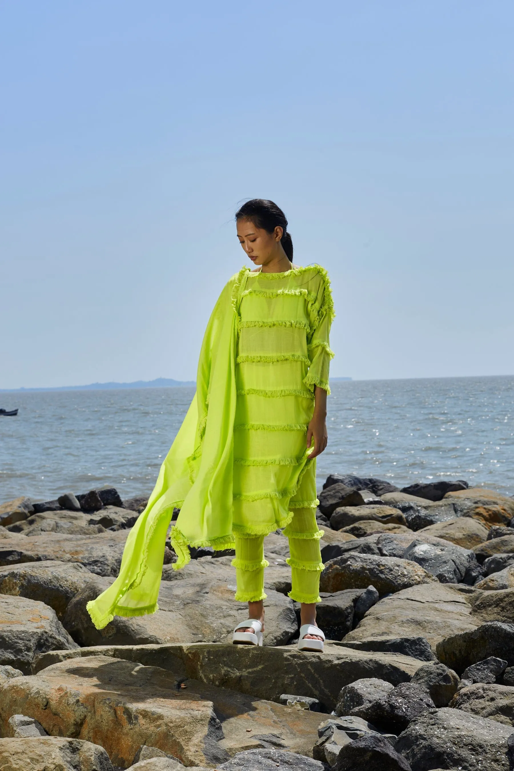 Neon Green Tassle Tier Tunic Set (3 PCS)