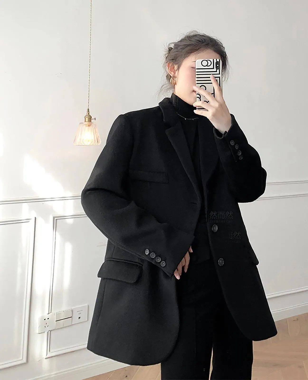 Oversize Black Wool Blend Single-Breasted Blazer