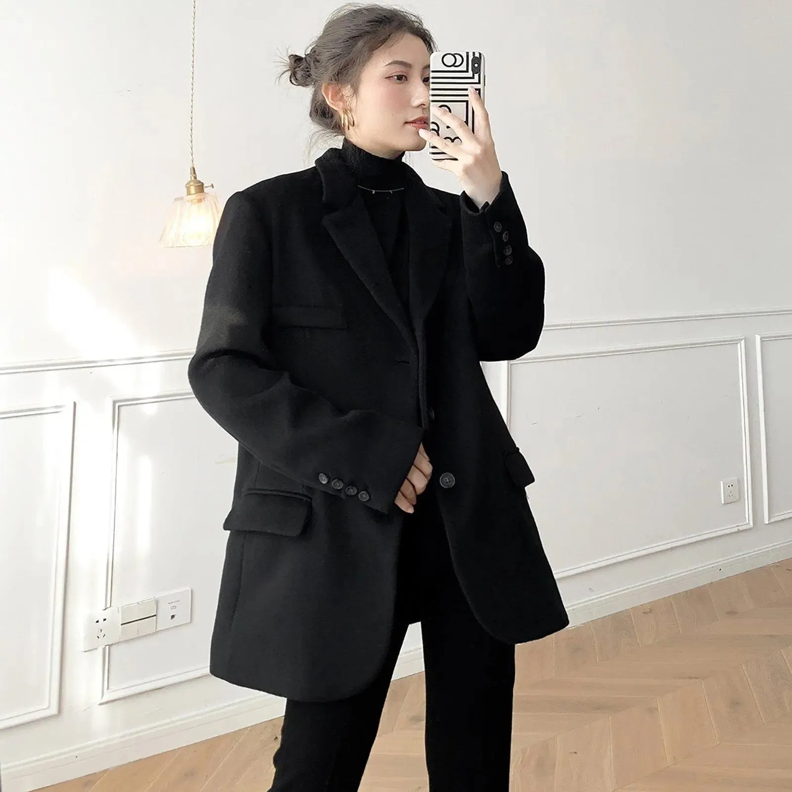 Oversize Black Wool Blend Single-Breasted Blazer