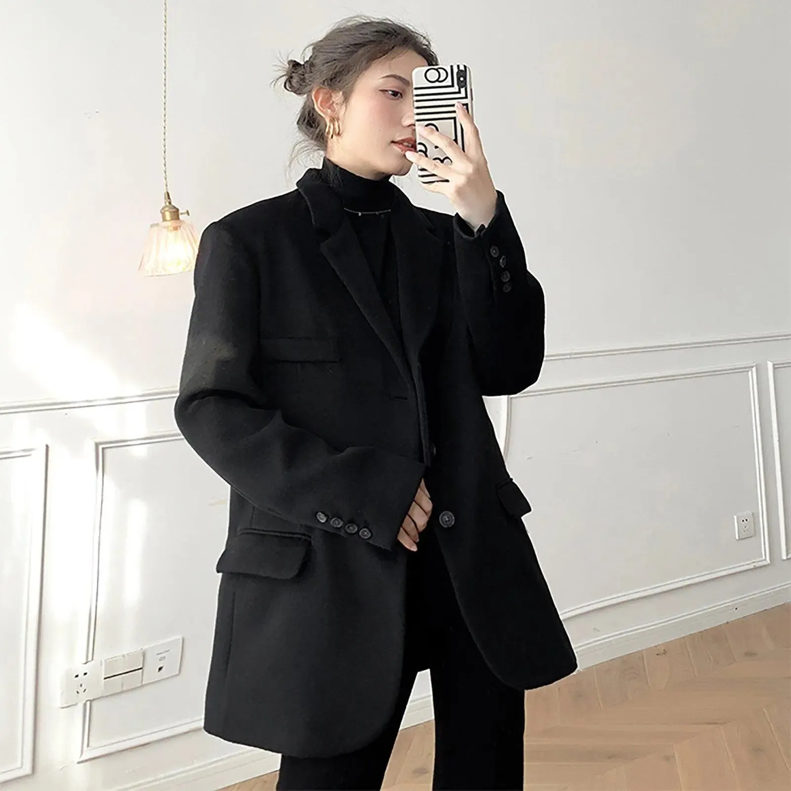 Oversize Black Wool Blend Single-Breasted Blazer