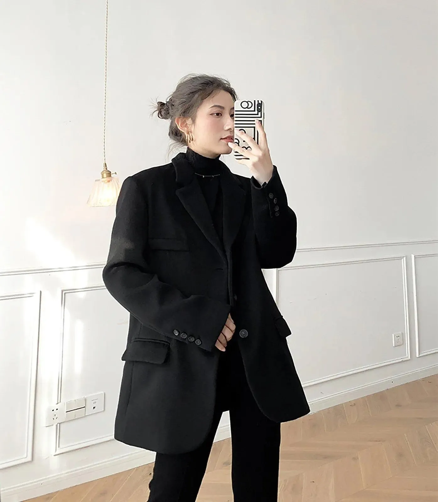 Oversize Black Wool Blend Single-Breasted Blazer