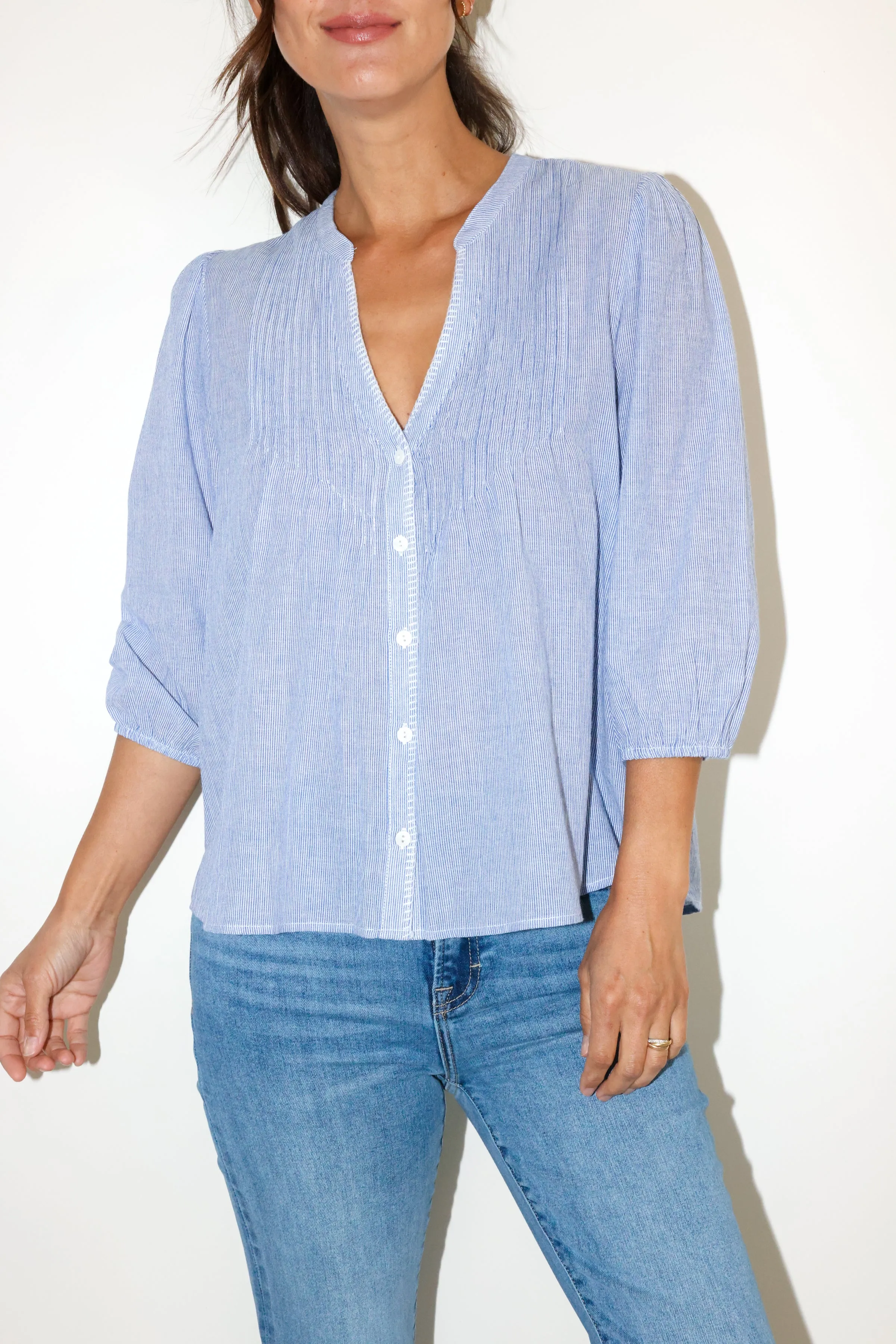 Pintuck 3/4 Sleeve Button Down Blouse