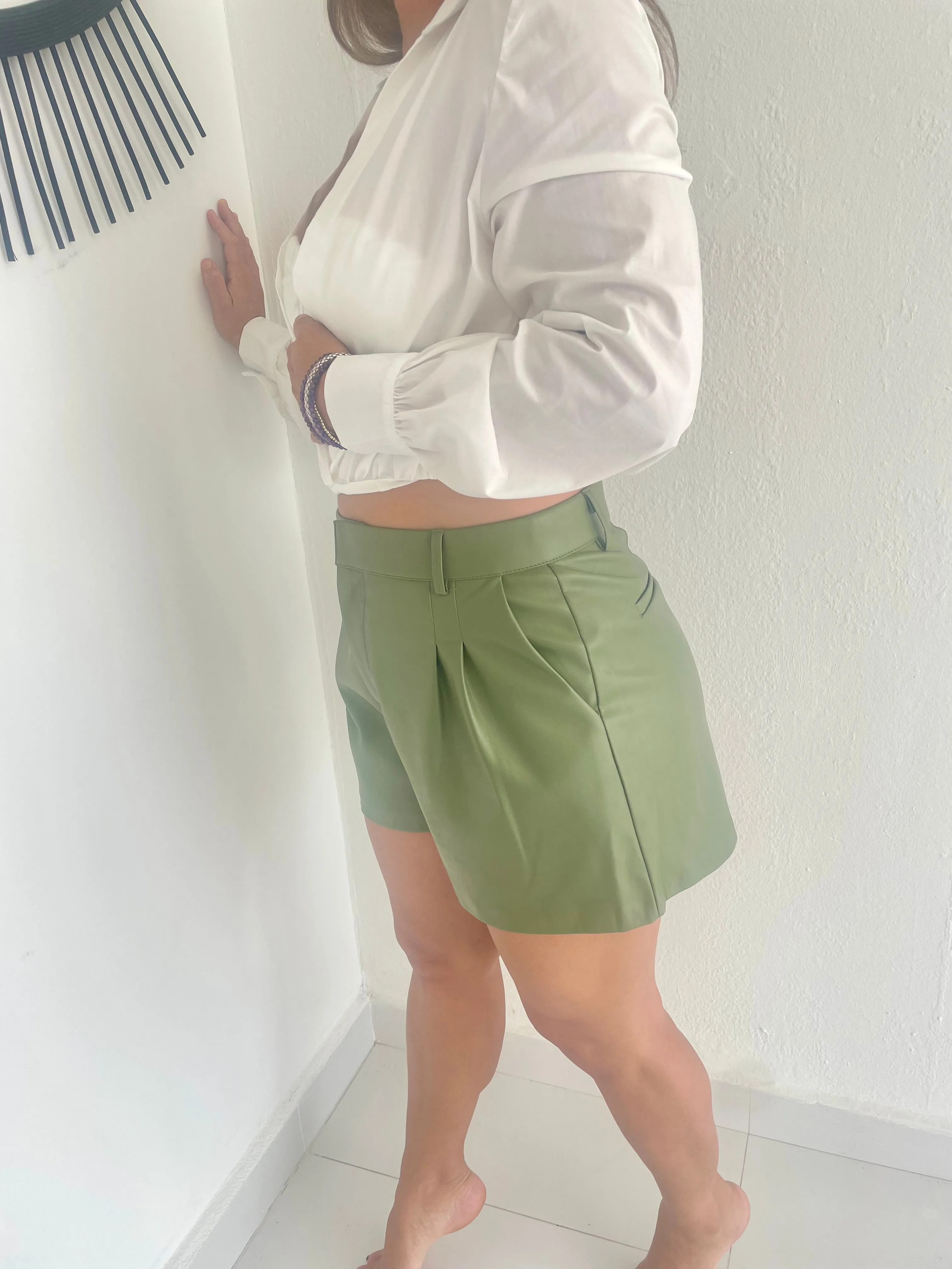 Pleated leather shorts