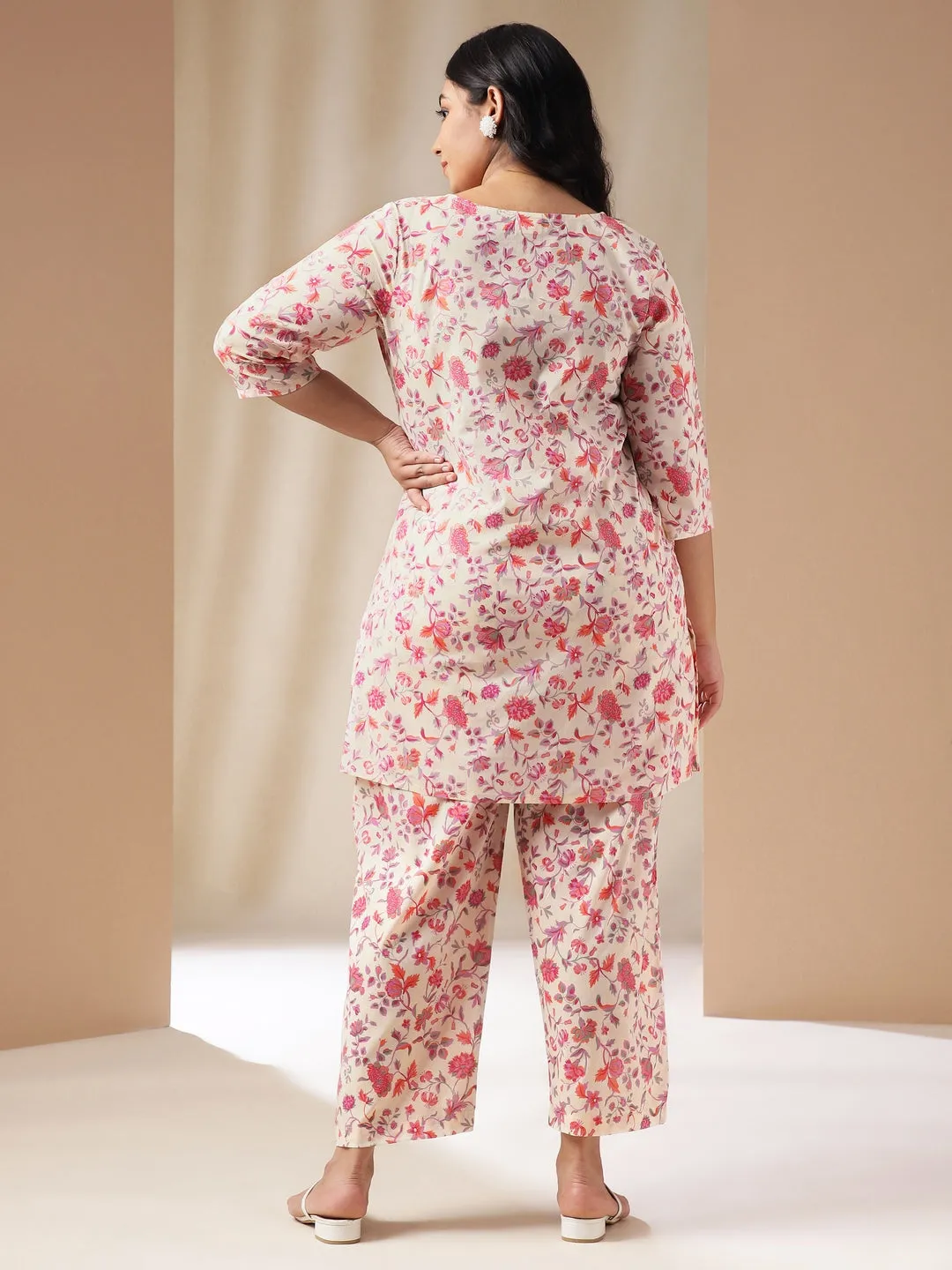 Plus Size Cream Cotton Floral A-Line Co-ord Set