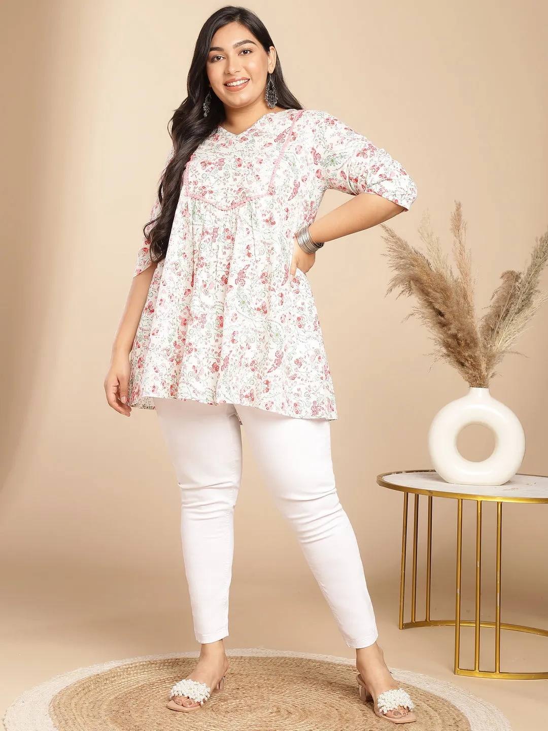 Plus Size White Cotton Floral A-Line Tunic