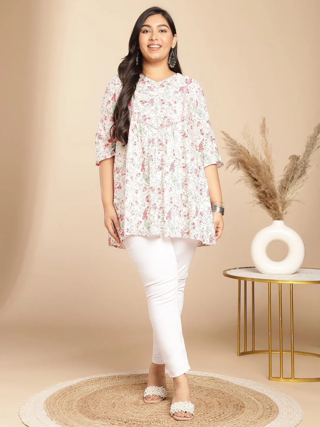 Plus Size White Cotton Floral A-Line Tunic