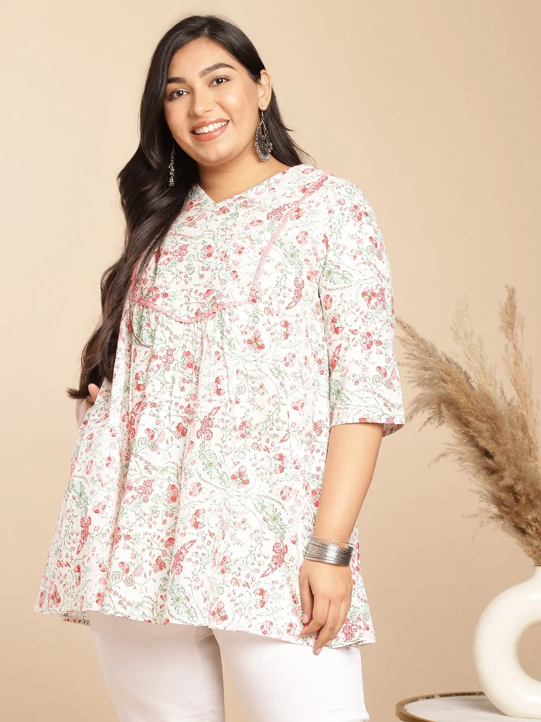 Plus Size White Cotton Floral A-Line Tunic