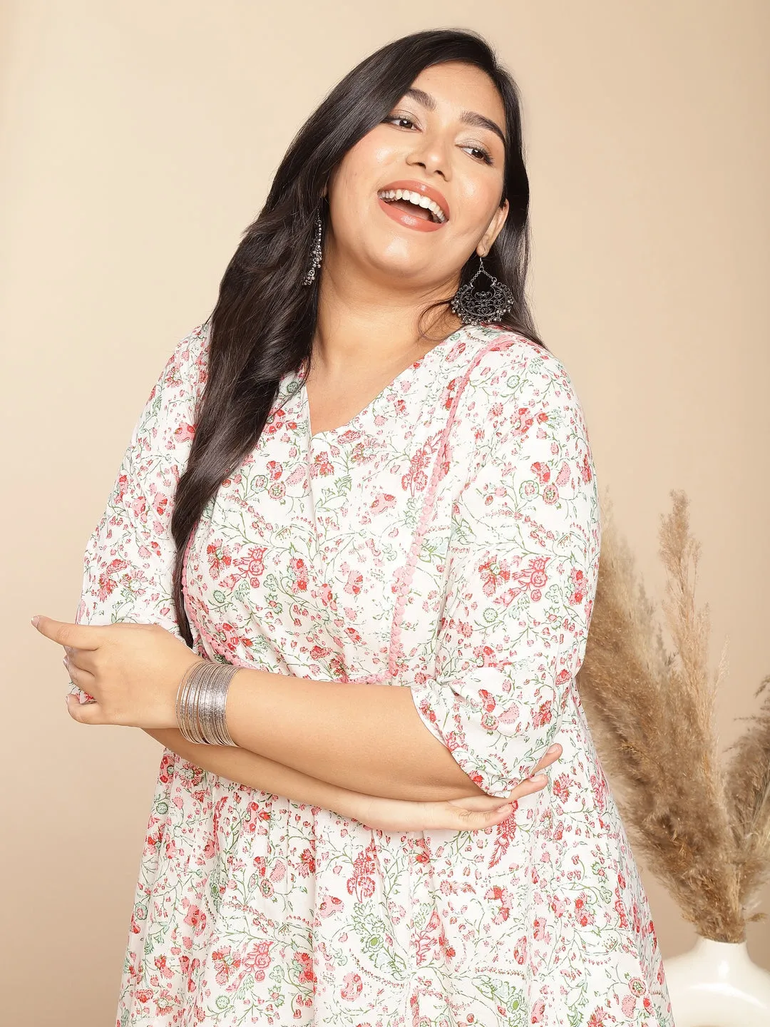 Plus Size White Cotton Floral A-Line Tunic