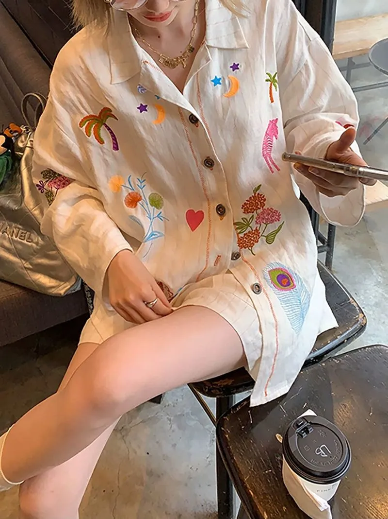 Roomie Electric Embroidered Rainbows Collared Button Down Shirt