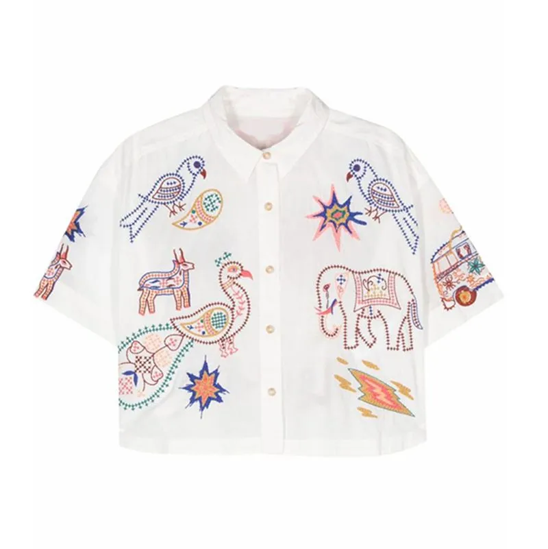 Roomie Electric Embroidered Rainbows Collared Button Down Shirt