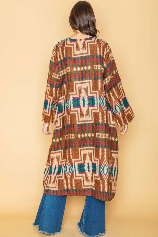 Rust Ethnic Aztek Long Open Kimono