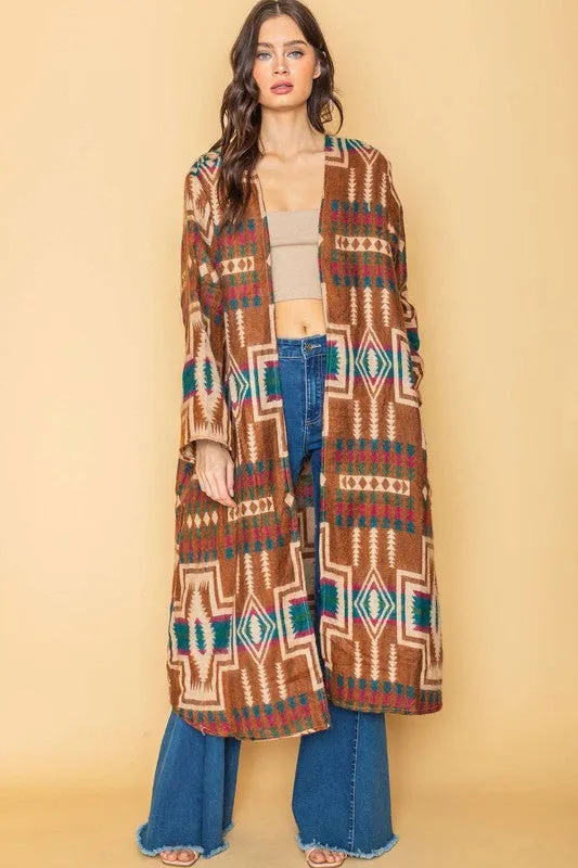 Rust Ethnic Aztek Long Open Kimono