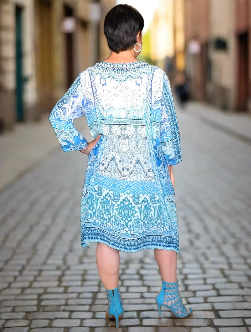 Shades of Blue Silk Hand beaded Tunic Dress by Fashion Spectrum