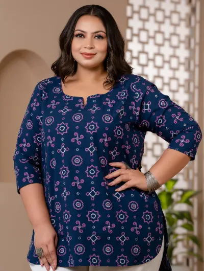 Short Plus Size Kurti Tunic Blue Cotton