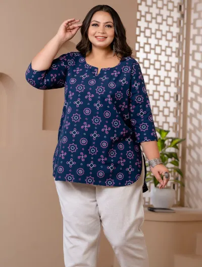 Short Plus Size Kurti Tunic Blue Cotton