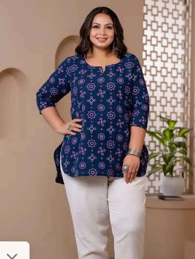 Short Plus Size Kurti Tunic Blue Cotton