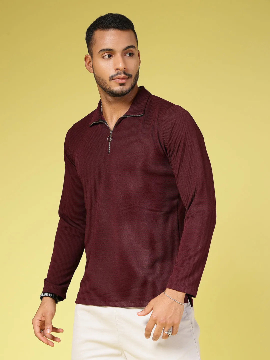 Solid Textured High Neck Zipper T-Shirt