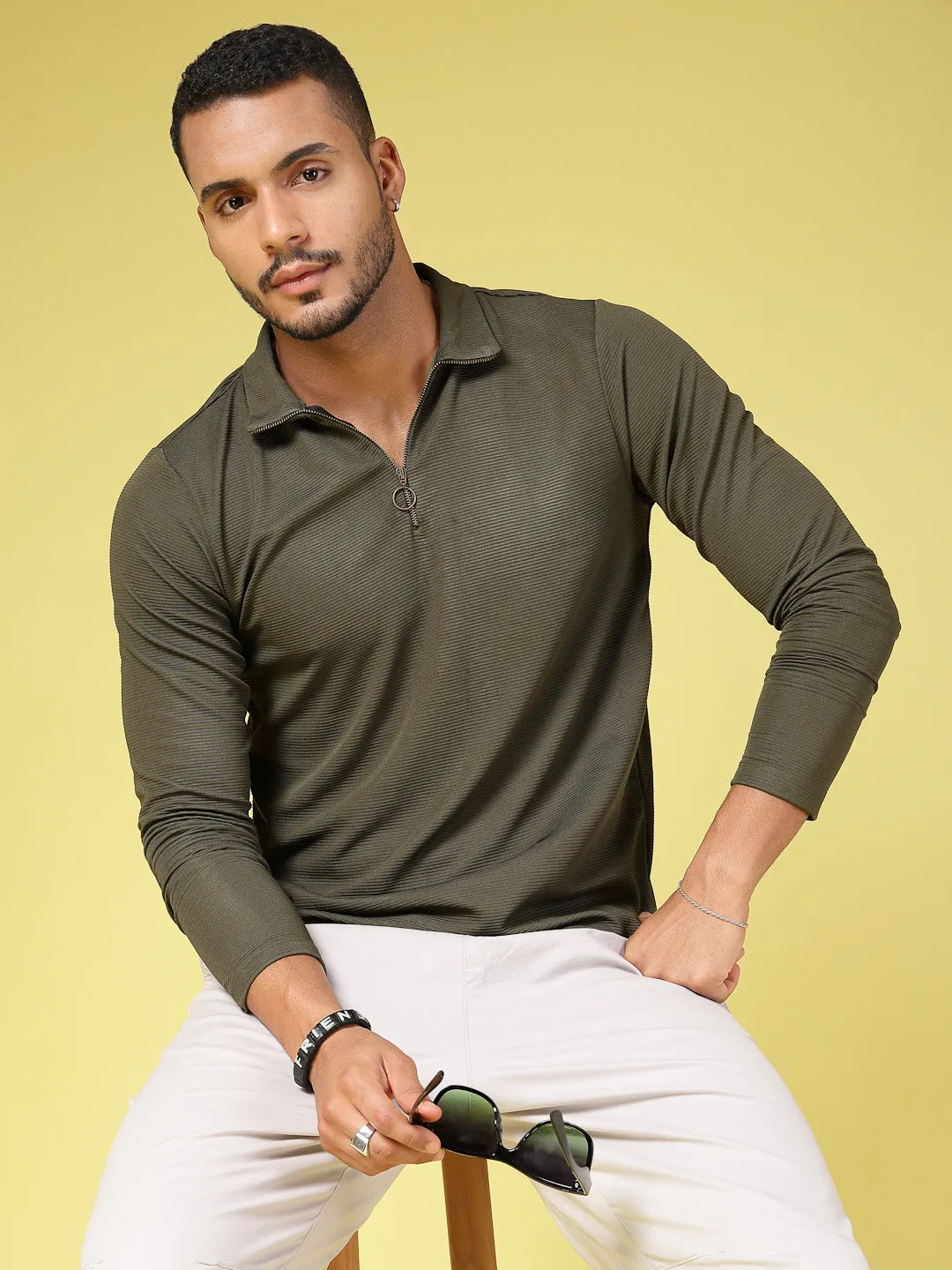 Solid Textured High Neck Zipper T-Shirt