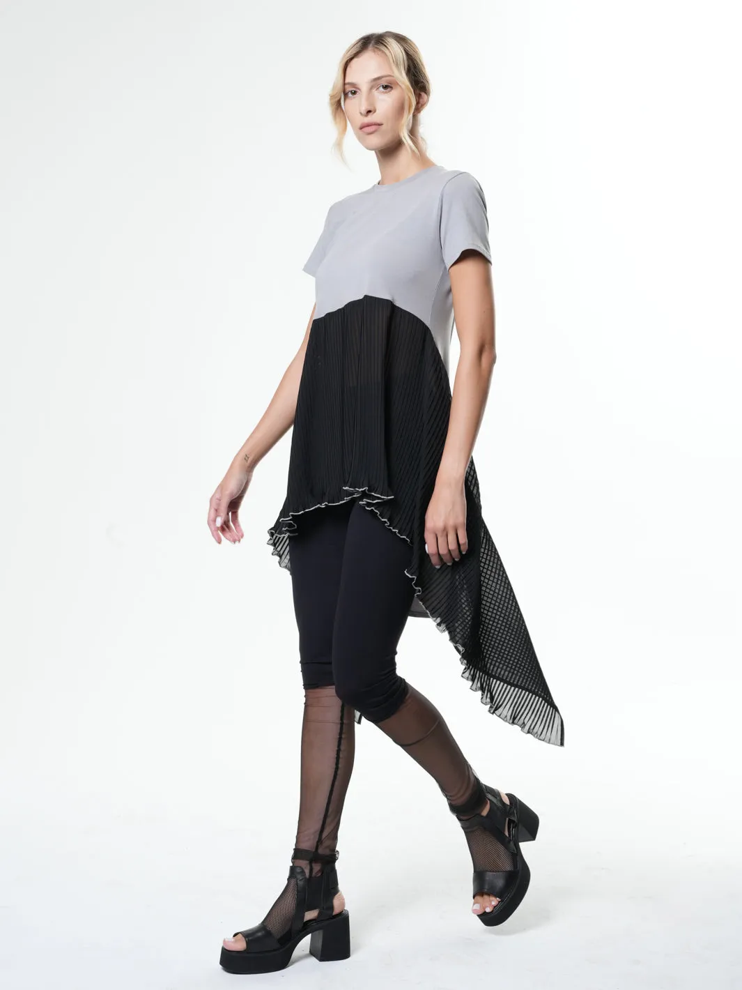 Tunic With Pleated Chiffon Layer In Gray