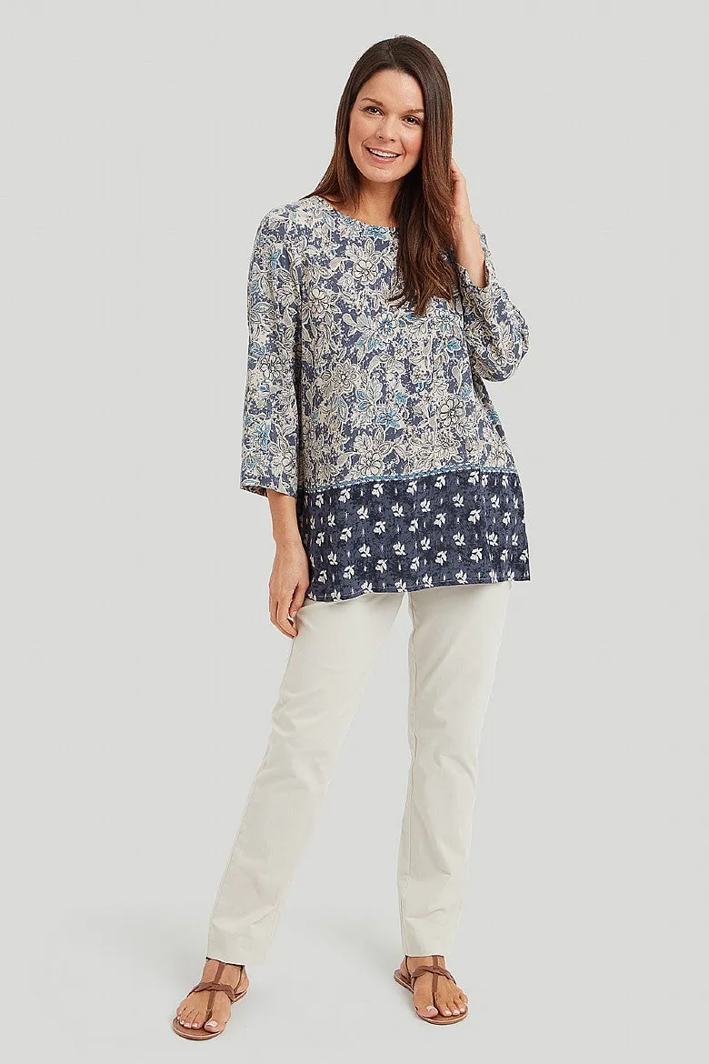 Woodcut Floral Border Izzy Tunic - Blue Mix